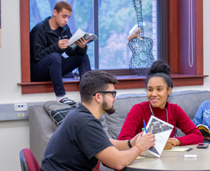 three students in a study hall studying